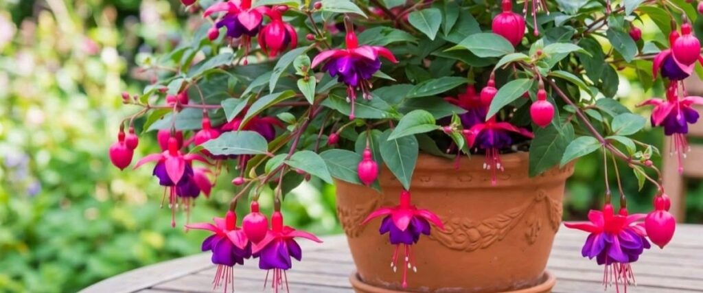 Brinco-de-princesa com flores rosas e roxas cultivado em vaso de barro em área externa.