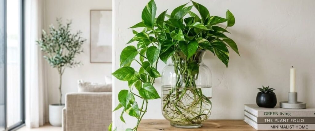 Jibóia (Epipremnum aureum) cultivada na sombra em vaso de vidro