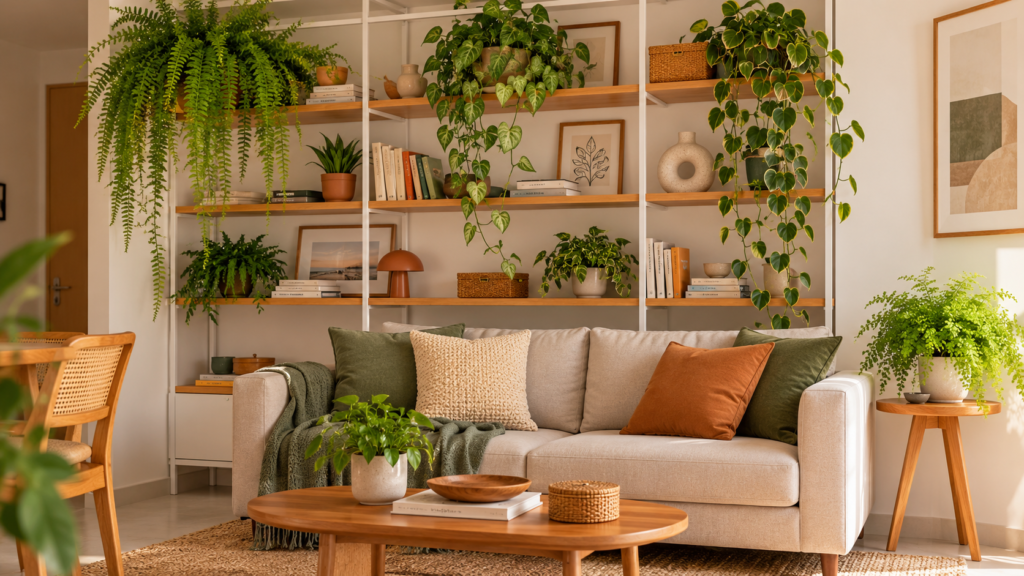 sala de estar com estante com plantas pendentes