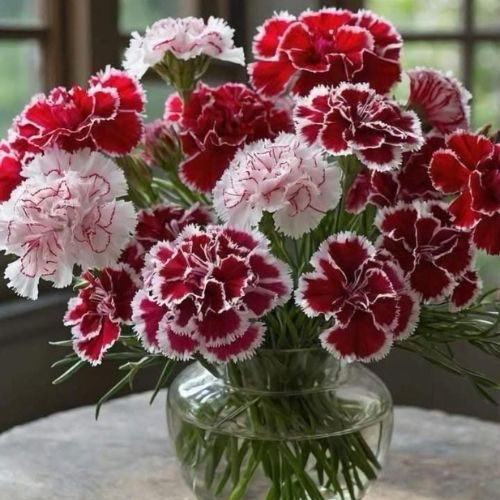 arranjo de flores com cravos em tons de vermelho e branco