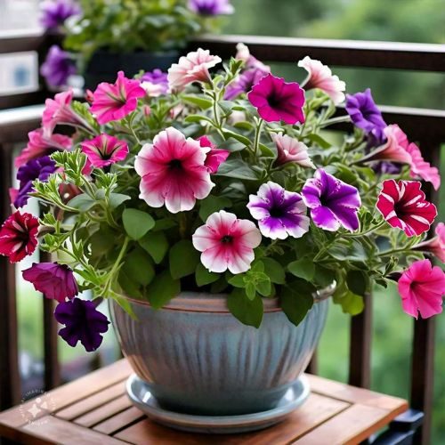 Planta petúnia com flores em tons de rosa e roxa cultivada em vaso.