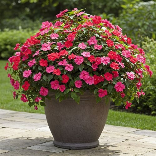 Planta maria sem vergonha com flores em tons de vermelho e rosa.