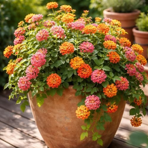 Flores da planta Cambará, em tons de rosa, amarelo e laranja.