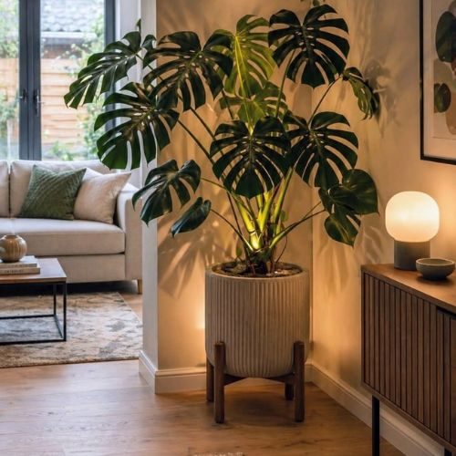 Costela-de-adão (Monstera deliciosa) em vaso grande dentro de casa